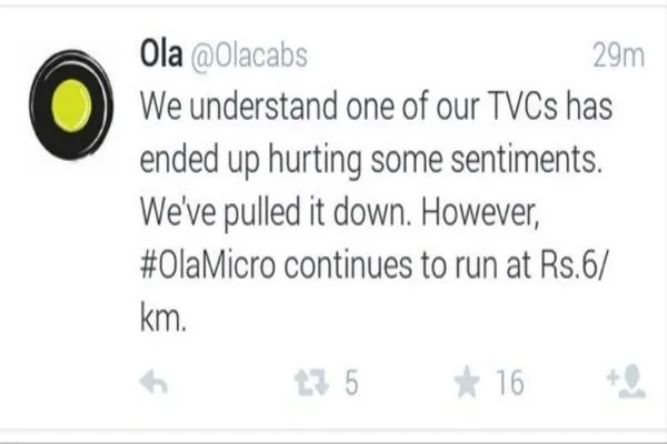 This tweet came from Ola, after the online backlash, though copies of the advert are available all over the internet