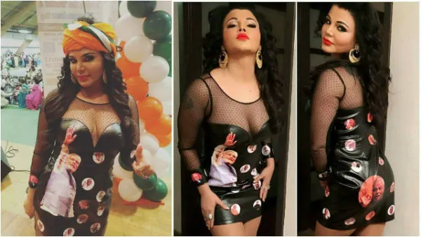 Rakhi Sawant wearing a dress with PM Modi's pictures.