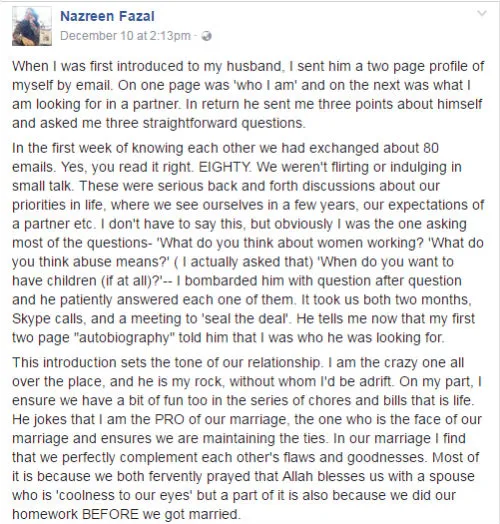 Nazreen Fazal Facebook post on arrange marriage (Pic credit: Facebook)