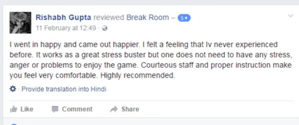 Facebook post reviewing Break Room