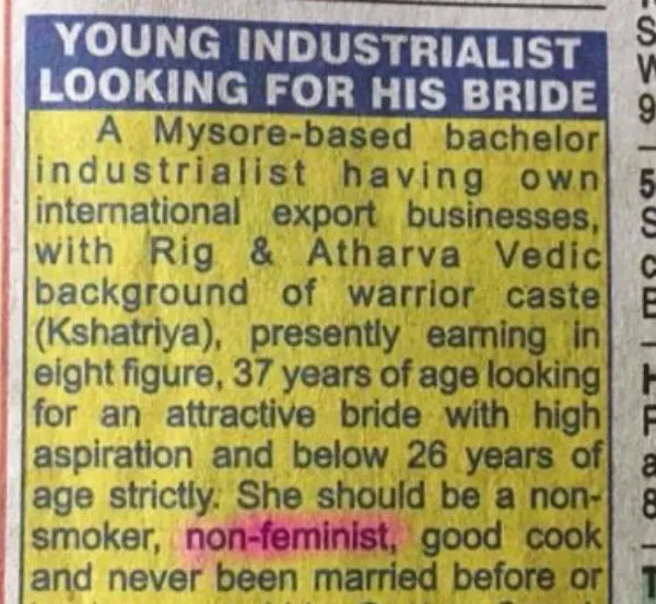 sexist matrimonial ad
