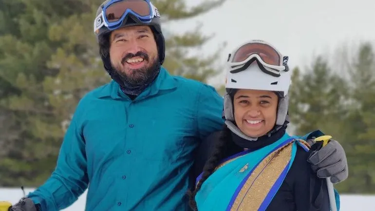 Video of desi couple skiing in saree and dhoti in the US