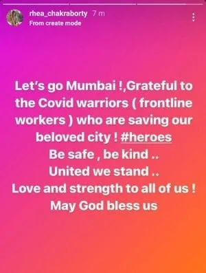 Rhea Chakraborty thanks COVID warriors